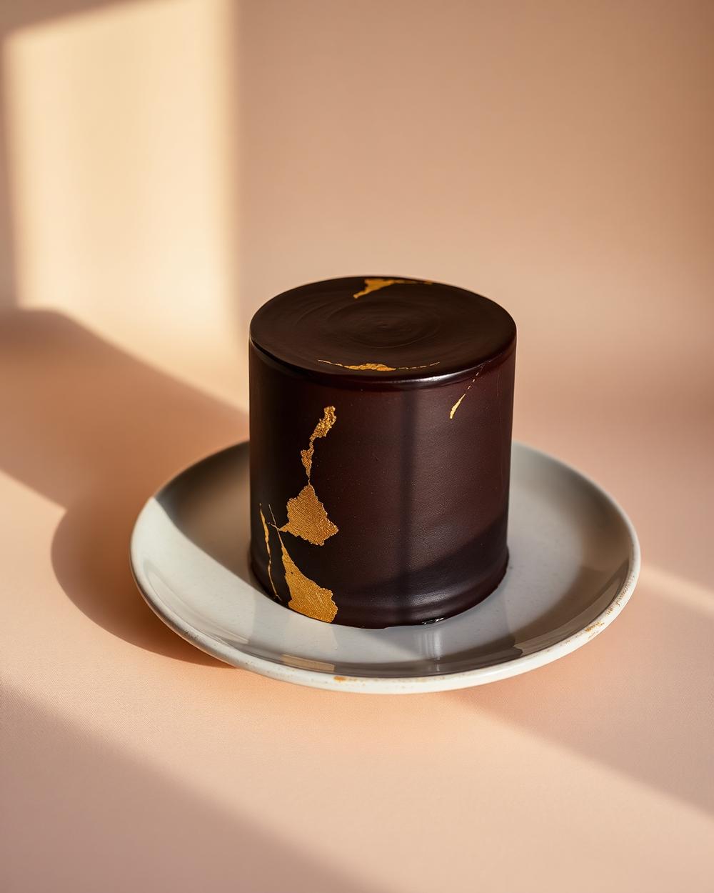 Dark chocolate ganache cake with gold leaf accents on a ceramic plate