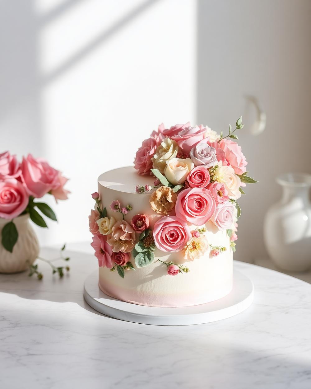 Floral celebration cake covered in piped buttercream flowers in blush and rose