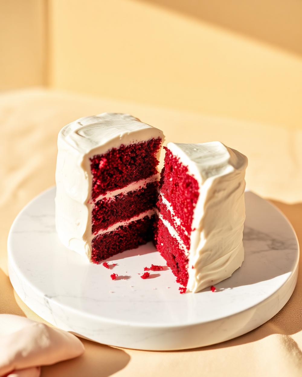 Red velvet cake with cream cheese frosting and a slice cut showing the deep red crumb