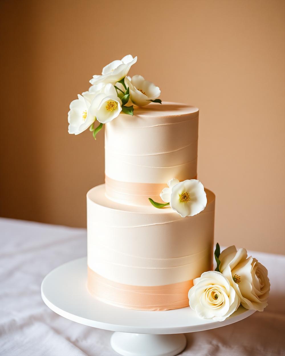 Two-tier champagne coloured wedding cake with fresh white flowers