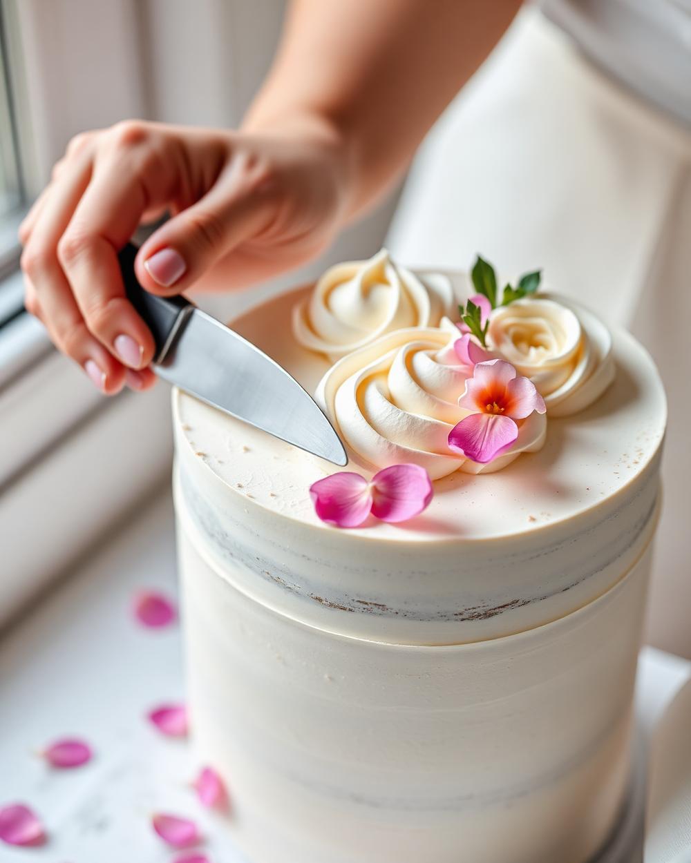 Hands decorating a cake with a palette knife and fresh petals