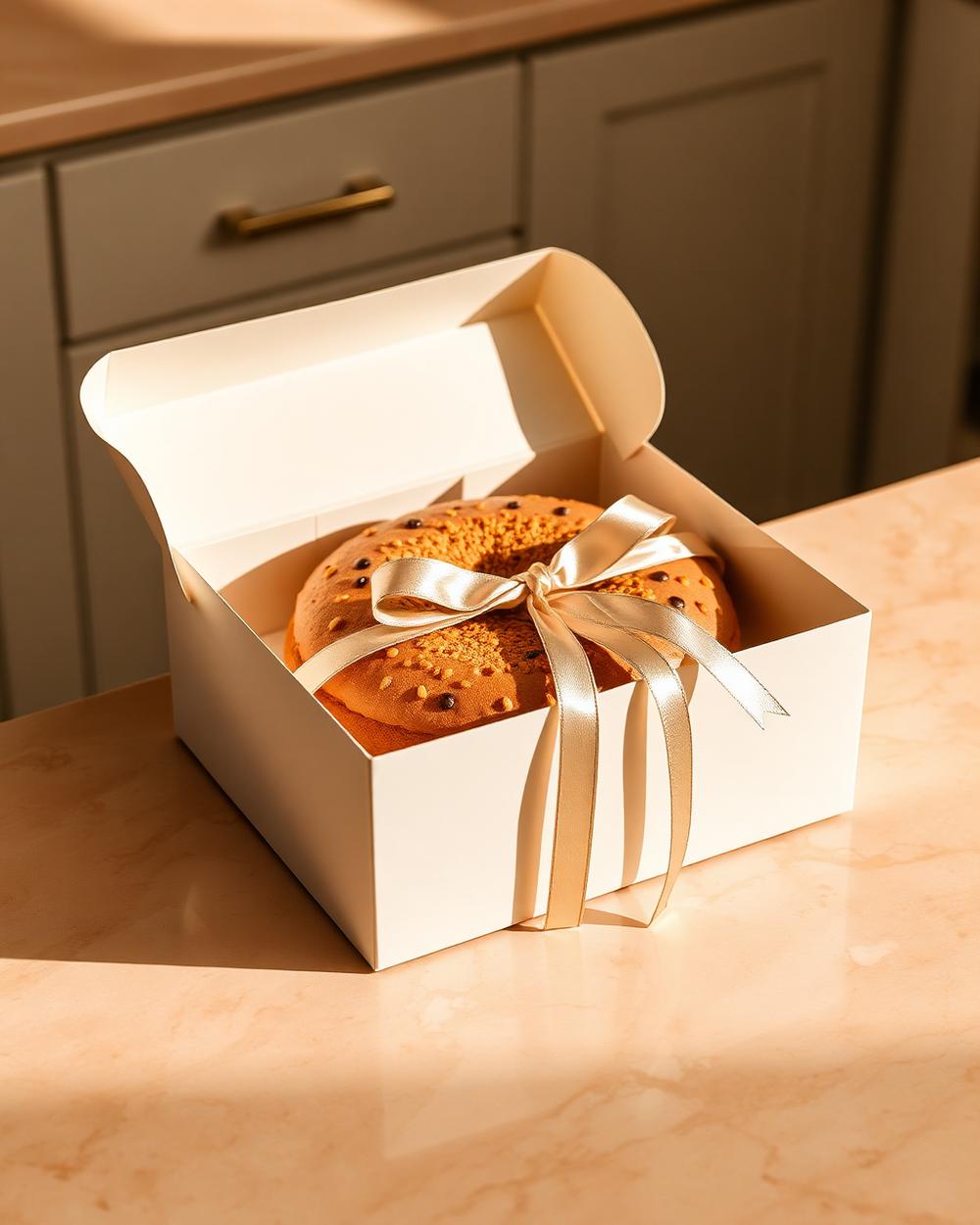 A cake boxed in a cream pastry box tied with ribbon
